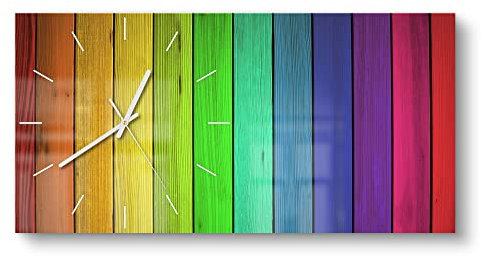 DEQORI Glasuhr | vertikal 60x30 cm | Motiv Farbige Holzlatten | große XXL Design Uhr aus Glas | leise Wanduhr für Wohnzimmer & Küche | Moderne Hingucker Uhr für die Wand