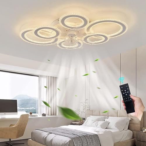 LVZECHEN 76CM Smart Ceiling Fan with Light, DC Motor 6 Gear Reversible Bedroom Ceiling Fan with LED Dimmable Lighting, Quiet Modern Living Room Lamp, White