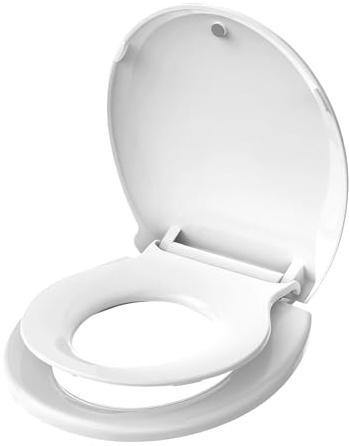 Aünsffer Toddler Toilet Seat with Potty Training Seat Round 16.5inch, 2 in 1 Toilet Seat for Family Built-in Baby Seat Removable, Soft Close + Easy Clean, PP Safe Material, White