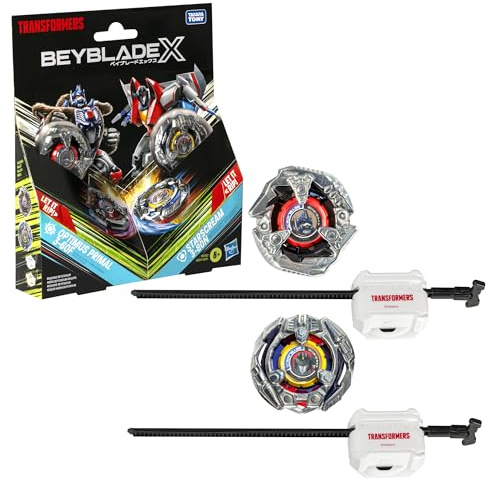 Beyblade X Transformers Collab Optimus Primal 3-60F vs. Starscream 3-80N Multipack Set with 2 Tops & 2 launchers; Battling Top Toys for 8 Year Old Boys & Girls (Amazon Exclusive)