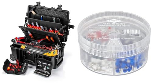 KNIPEX Werkzeugkoffer Robust45 Move Elektro & Sortimentsboxen, mit 400 isolierten Aderendhülsen, 0,5-2,5 mm², in praktischer Streudose, nach DIN Farbcode, Aderendhülsen Set, 97 99 906