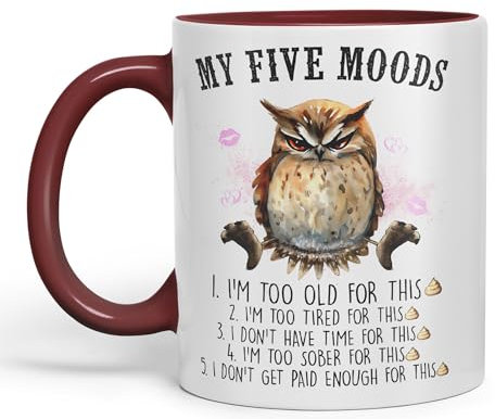 Vixar My Five Moods owl Sarcastic Joke Ceramic Coloured Mug Cup for Tea Coffee Hot Brew 330ml 11Oz (Maroon)
