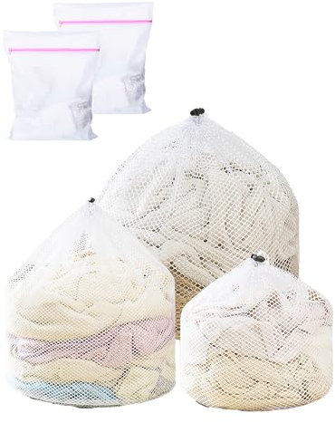 5 Pezzi Sacchetti per Lavatrice,Sacchetto Lavatrice Con Coulisse Riutilizzabile Sacchetti per Lavatrice a Rete Grossa per Cappotti, Pantaloni, Reggiseno, Intima,Maglieria