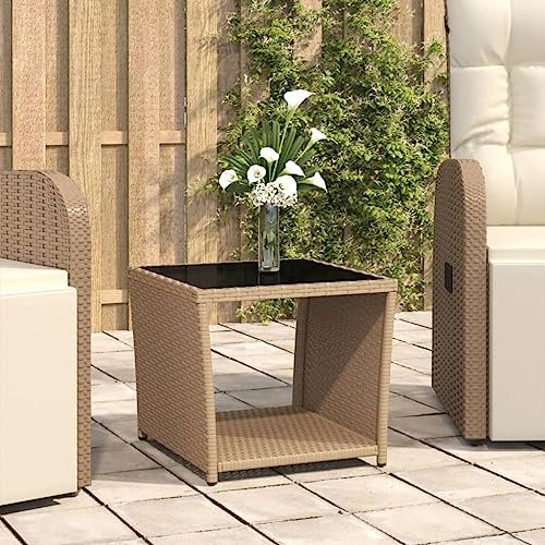 UTSRABFA Lounge Tisch Outdoor Rasen Tische Campingtisch Gartentisch Beistelltisch mit Glasplatte Beige Poly Rattan & Hartglas Geeignet für Rasenflächen, Außenbereiche, Balkone, Terrassen