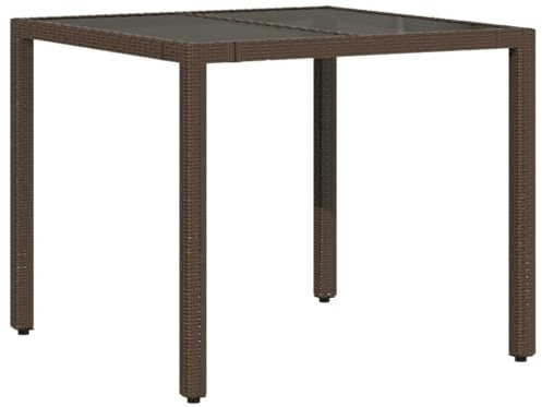 vidaXL Gartentisch mit Glasplatte, Esstisch mit Stahlrahmen, Beistelltisch für Terrasse Garten, Tisch Gartenmöbel, Braun Poly Rattan