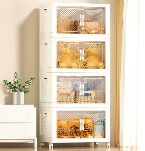 pioncrey 4 Packs Storage Boxes with Lids, 70L*4 Large Capacity Stackable Storage Boxes, Plastic Collapsible Storage Box, Folding Storage Box with Wheels, Organization and Storage for Home and Office