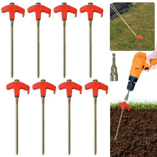 8 Screw in Tent Pegs 8 Pcs with Drill Dapter, Luminous Drillable Tent Stakes, Heavy Duty Ground Anchors Screw in for Outdoor Camping Awnings Accessories Stuff,Glow-in-the-Dark Tent Peg
