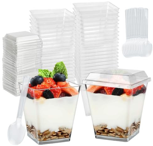 LPAMABA 50 pièces Tasses à Dessert avec Couvercle et Cuillères, 240ml Verres à Dessert en Plastique Coupelle à Dessert Verrines Plastiques Carrée Bols à verrine Réutilisables pour Mousse Pudding