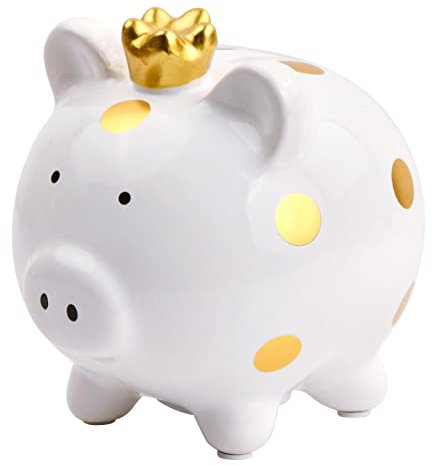 Dokeno Sparschwein, Sparschwein aus Keramik, SParschwein Weiß Gold, Kleine Spardose für Kinder, Münzbank, Niedliche, Sparbüchse Münzen für Jungen Mädchen Erwachsene Geburtstagsgeschenk