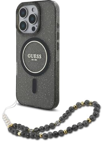 Guess GUHMP16XHGCRELSK Hülle für iPhone 16 Pro Max 6.9 schwarz IML Glitter with Pearl Strap