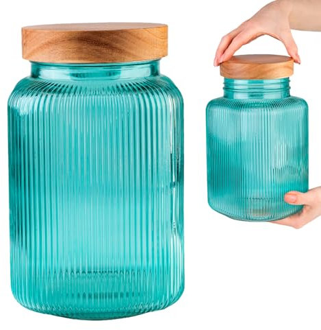 SUPERBUTELKI.PL Récipient de conservation en verre 3000 ml – Verre ondulé avec couvercle en bois – Récipient décoratif en verre pour épices, herbes, bonbons, bonbons, épices – Turquoise