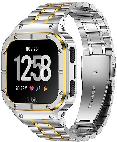 Deczone Bracelet de montre en acier inoxydable avec boîtier compatible avec Fitbit Versa 4 3 2 1 Lite, Fitbit Sense 2/Sense, robuste, protection anti-chocs, pour homme et femme, argenté et doré