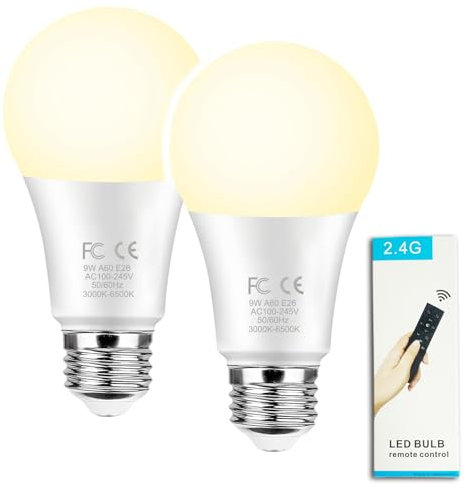 GRV 9W A60 Bombilla inteligente con mando a distancia de 2,4 GHz, cambio de color bombilla LED, regulable 3000 K-6500 K, 830 LM,base E27, Home Decor,1 mando a distancia y 2 bombillas
