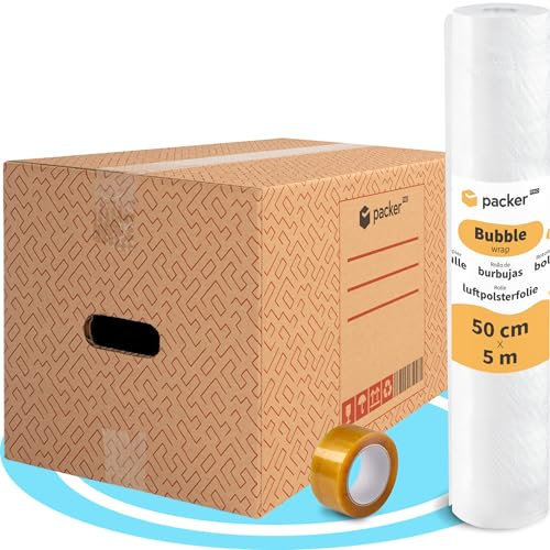 packer PRO Pack 20 Cajas Carton para Mudanzas y Almacenaje Ultra Resistentes con Asas, 50x30x30cm. Rollo Burbuja Embalaje de 50cm Ancho y 5m. Incluye Cinta adhesiva