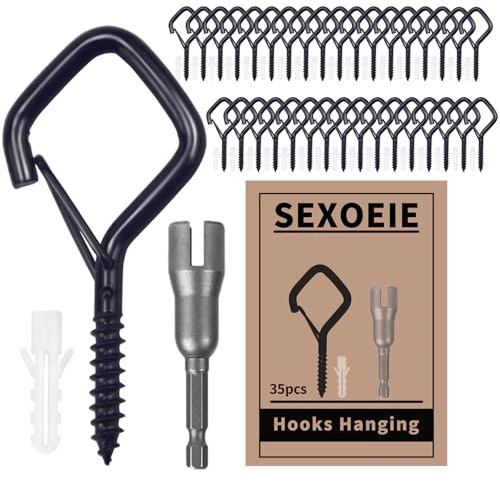 Sexoeie 35 PCS Eye Screw Hooks for Hanging Heavy Duty with Safety Buckle.Metal Ceiling Hooks for Hanging Plants,Cup,Wind Chime,Bird Feeders,Christmas String Lights at Indoor&Outdoor,2.36 Inches Black