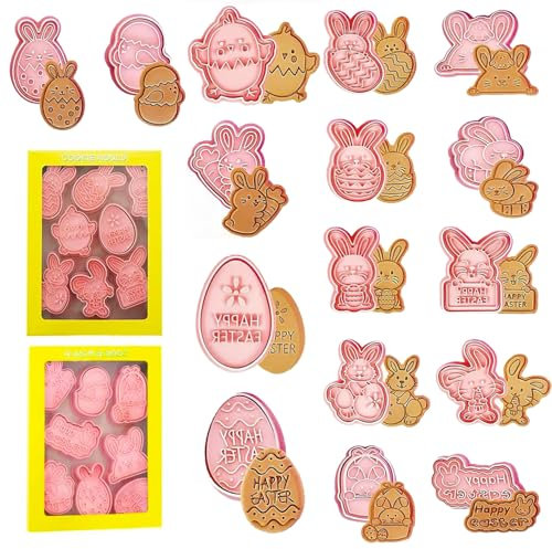 Easter 16 Stücke Oster Keksformen Backset, Lebensmittelechtes Silikon Ostern Ausstechformen für Plätzchen, Kekse & Deko, inkl. Hasen, Eier & Küken