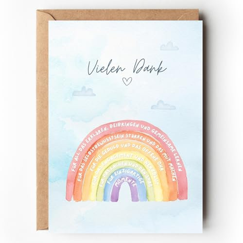 Dankeskarte für Lehrerin mit Regenbogen, Geschenkidee Abschied Grunschule, Dankeschön Geschenk Lehrer, Grußkarte Schule Verabschiedung mit Kuvert Abschiedsgeschenk (1 Karte mit Kuvert)