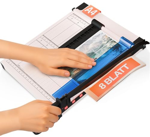 ACROPAQ Massicot A4 - Pour 8 feuilles max, Guide de coupe magnétique, Compact, Pieds antidérapants, Beige - Coupe papier