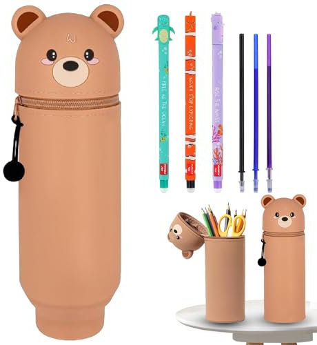 Trousse à Crayons 2 en 1 en Silicone Souple, 3PCS Stylos Gel Effaçables avec Encre Thermosensible, Trousse Silicone Verticale, Motif Animal Stylos à Bille, pour Étudiant Scolaire Cadeaux Rentré