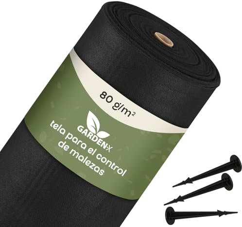 GARDENIX 160 m² de Fieltro para Malas Hierbas con 50 Anclajes de Tierra 160 m² (1,6 m x 100 m), Permeable al Agua, 80 g/m², Color Negro, Resistente a los Rayos UV, para bancal Alto, lámina Protectora