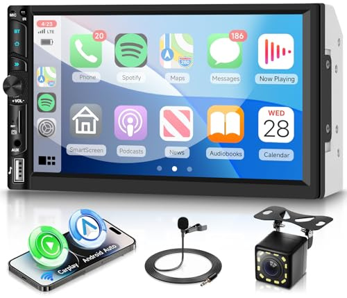VECHTEL Autoradio 2 Din con Carplay Android Auto senza Fili, 7 Pollici IPS HD Touch Screen Stereo Auto Supporto Bluetooth Radio FM EQ USB/AUX/TF Mirror Link SWC MIC Telecamera Posteriore Telecomando