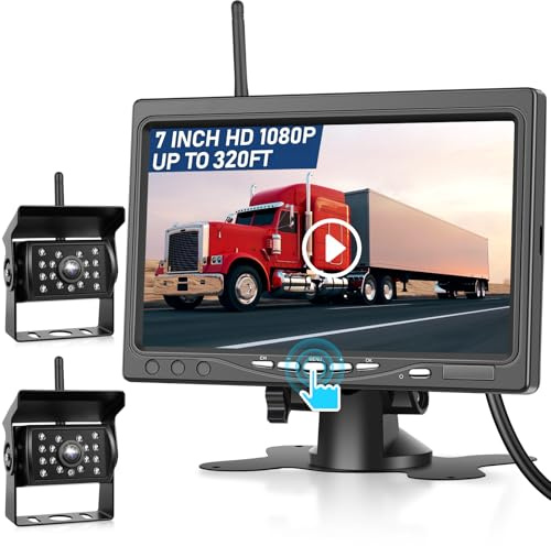 Kit de cámara de Respaldo inalámbrica con Dos cámaras 1080P: Pantalla HD de 7 Pulgadas, visión Nocturna Impermeable IP68 para Camiones, remolques, vehículos recreativos, Furgonetas y automóviles