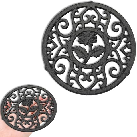 13.2cm Round Cast Iron Trivet Tea Pot Carved Stand, Flower Designed and Non-Slip Metal Table Heat Insulation Mat for Kitchen Teapot Base, Vintage Floral Pattern Heat Resistant Tea Mat for Hot Pans