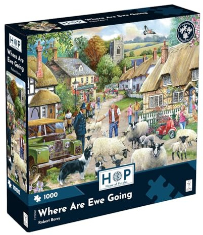 The House of Puzzles Where Are Ewe Going, 1000 Piece Jigsaw | Countryside & Farm Theme, Sheep & Village Scene, Art Illustrated by Robert Barry, Challenging Puzzling Gift for Adults