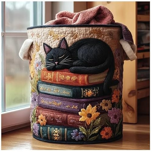 Gesteppter Katzen-Wäschekorb, 2026, großer gesteppter Katzen-Wäschekorb mit Griffen, 40,6 x 55,9 cm, gemütliche Katzen, Stoff-Aufbewahrungskorb für Zuhause, Hotel, Waschküche, Kleidung und Spielzeug