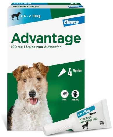 Advantage Spot On für Hunde 100 mg (4-10 kg), gegen Flöhe, 4 Pipetten | Schnelle Hilfe bei Flöhen: Wirkt bei Kontakt ohne Stich. Schützt deinen Hund & dein Zuhause. Einfache Anwendung im Nacken.