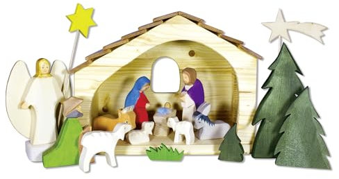 Holzspielwaren Ackermann Weihnachtskrippe aus Holz – 16 Krippenfiguren inkl. Krippenstall, aus Schwäbischer Handarbeit (100% ökologisch)