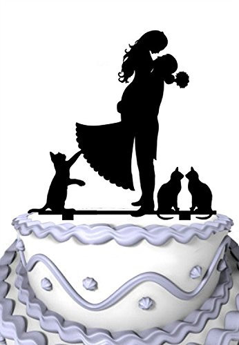 Meijiafei Bräutigam Hold Braut mit 3 Katzen Hochzeitsparty Acryl Tortenaufsatz