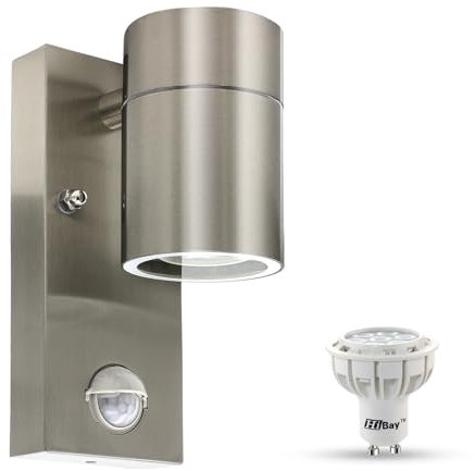 HiBay Außenlampe mit Bewegungsmelder LED GU10 Wandlampe IP44 Modern Wandleuchte Edelstahl Aussenleuchte PIR 230V, inkl. 1x GU10 Lampen Kaltweiß