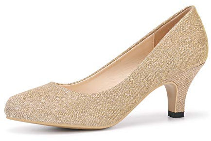 Phorecys Women's Kitten Heels Round Toe Dress Court Shoes Work Comfort Glittermps Glitter Gold US 9.5-UK 7