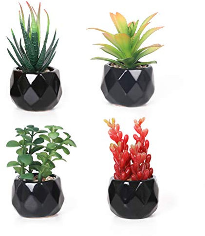 Veryhome Lot de 4 Plantes succulentes artificielles en Pot dans des Mini Pots carrés Blancs pour la décoration de la Maison et du Jardin Vert (céramique 1)