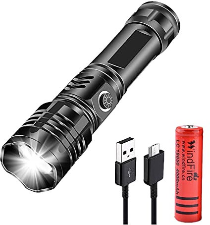 Torcia LED Super Luminoso 8000 Lumen, Torce Tattiche LED Ricaricabili Potenti - Lunga Durata, 5 Modalità, Zoomable e IP64 Impermeabile Torcia Portatile per Campeggio Pesca con 1 x 18650 Batterie