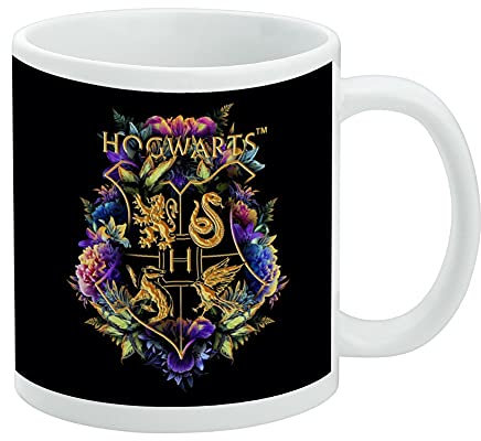GRAPHICS & MORE Harry Potter Hogwarts - Taza de café de cerámica con escudo floral, tazas de regalo novedosas para café, té y bebidas calientes, 11 onzas, color blanco