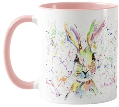 Vixar Hare Bunny Rabbit Watercolour Rainbow Art Coloured Mug Cup, Gift, Birthday, Work, Office, Christmas Tea Coffee (Pink)