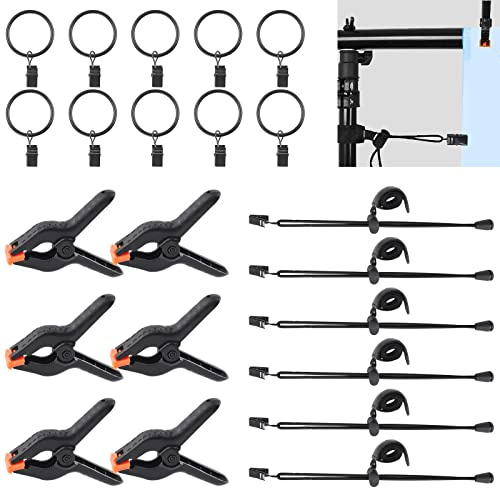 WOKAPE 22 Packs Photography Backdrop Clips Clamps, Include 10 Curtain Ring Clips, 6 Spring Clamps, 6 Leather Background Clips Holder for Photo Studio Backdrop Background Helper Photo Clamp