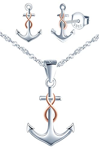 INFINIONLY Collana e Orecchini da donna ragazza, Parure di gioielli in argento 925, Gioielli ancora in argento intarsiato con simbolo infinito in oro rosa, Processo di galvanica bicolore unico