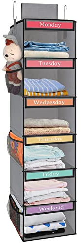 Fixwal Hängeschrank mit 6 Ablagen für Kinder mit 6 Seitentaschen, Wochentag, Kinder-Kleiderorganizer, Montag bis Freitag, faltbare Hängeregale (grau)