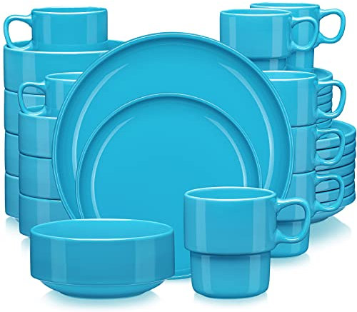 LOVECASA, Série SWEET, 32 Pcs Service de Table Porcelaine en Forme de Bord Debout, Service Complet Empilable pour 8 Personnes, Assiette Plate, Assiette à Dessert, Bols, Tasse Mug - Bleu Marin