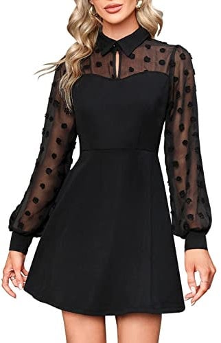 Svanco Women's Lace Elegant Long Sleeves Black Dress for Party, Evening, Cocktail, Bridesmaid, High Waist Hollow Out, Casual, Vintage, Work, Mini, Ball Gown