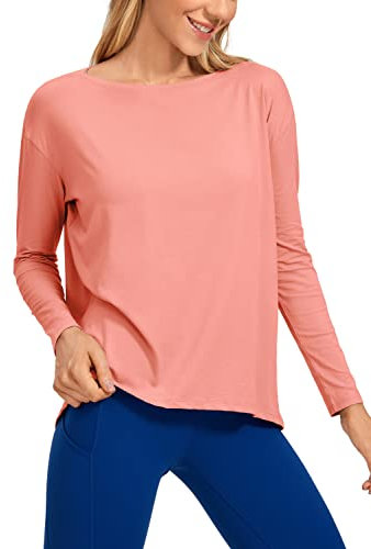 CRZ YOGA Damen Pima Baumwolle Sport Langarmshirt Fitness Yoga Langarm Leichte Shirt Longsleeve Lässig Oberteile Pfirsichrosa 40