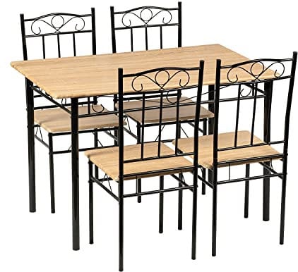IPOTIUS Ensemble Table et 4 Chaises, en Grain de Bois de Hêtre, Pieds en Métal Noir, pour Salle à Manger, Cuisine, Salon