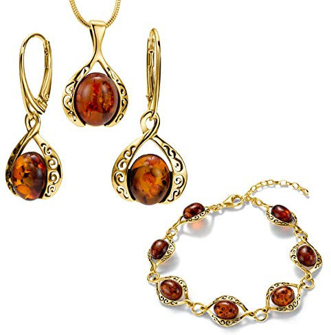 Copal Damen Schmuckset Mit Bernstein Anhänger Silber Vergoldet Ohrringe Armband