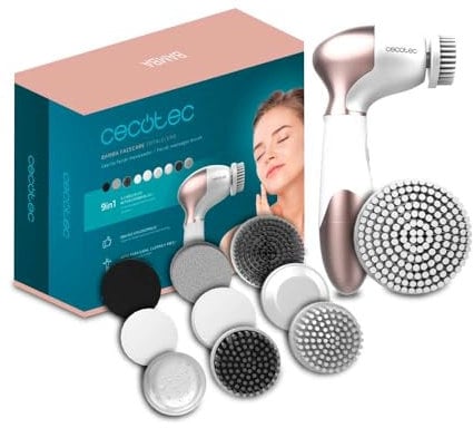 Cecotec Cepillo Limpiador Facial Masajeador Portátil a Pilas Bamba FaceCare TotalClean. 9 Cabezales para Cara, Cuerpo y Pies con Giro de 360º, Diseño Ergonómico y Bolsa de Viaje
