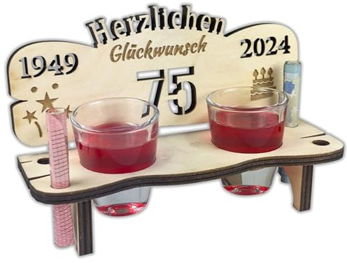 Urhome Schnapsbank mit Jahreszahl 75 Gravur zum Geburtstag, Jubiläum, Jahrestag aus Holz - 2 Schnapsgläser - 75 Jahre Hell Braun