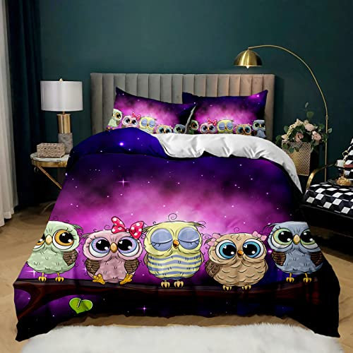NDXRWDZR Bettwäsche 135x200 Lila Eule Bettwäsche-Set mit Reißverschluss Schließung Bettbezug für Kinder Mädchen Weicher Atmungsaktive Mikrofaser Bettwäsche + 2 Kopfkissenbezug 80x80 cm