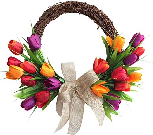 Artificial Tulip Flower Wreaths, Spring Silk Flower Wreath Tulip Front Door Wreath, for Spring Summer Winter Home Wedding Festival Decor, 15.7 inch, qzjijosen (Multicolor)